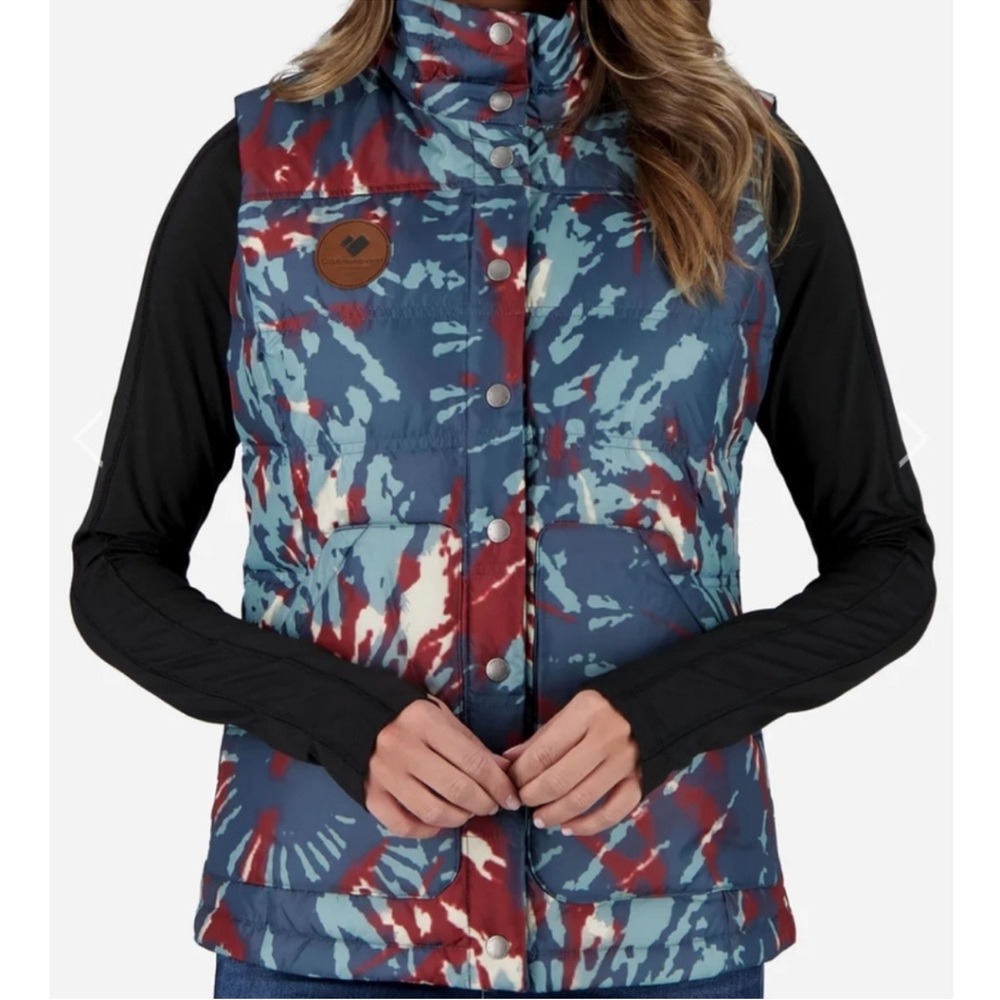 Obermeyer Women's Mila Down Tie Dye Revivalist Vest Sz M Red, White, Blue
